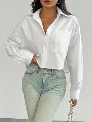Women's White Casual Shirt Drop Shoulder Long Sleeve Short Style with Pocket Polyester