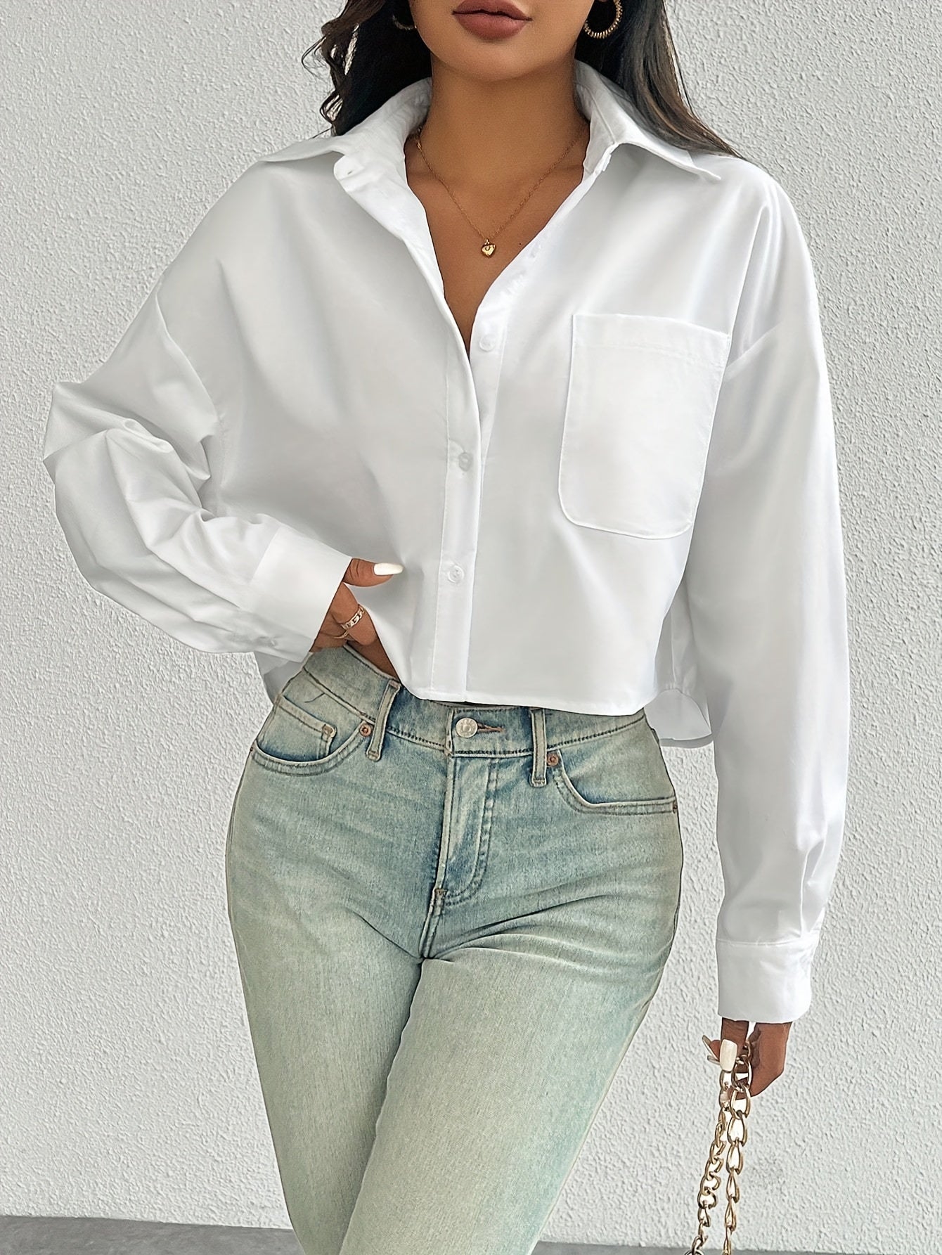 Women's White Casual Shirt Drop Shoulder Long Sleeve Short Style with Pocket Polyester