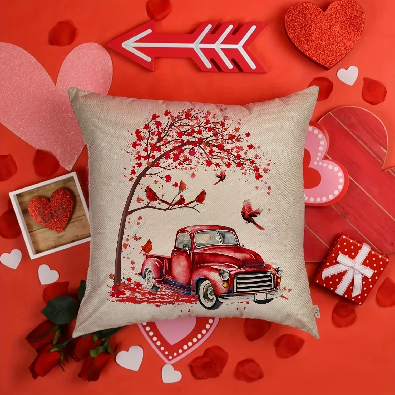 Red Rustic Truck Linen Pillowcase Farmhouse Decor Single-Sided Zipper Washable