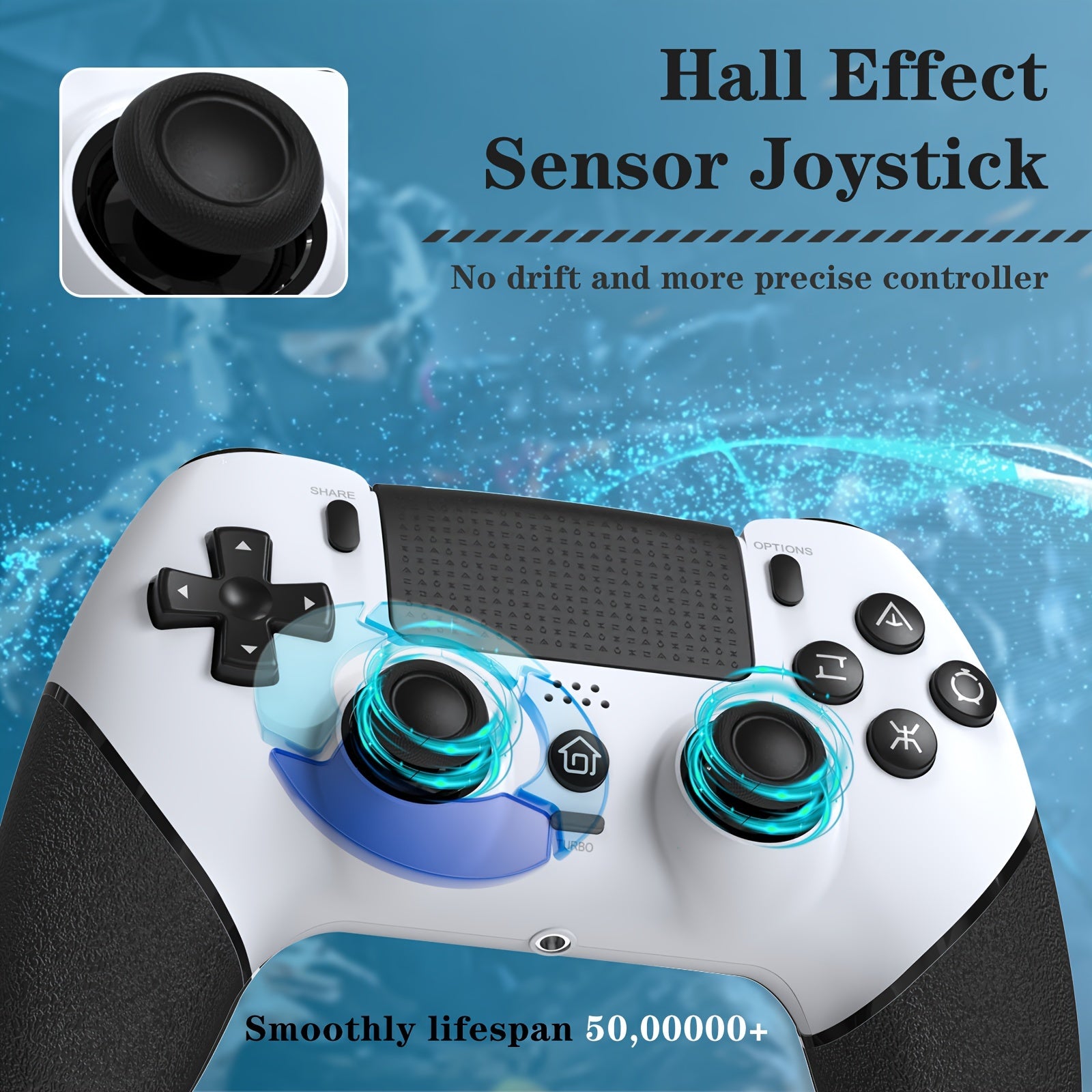 Wireless PS4 Controller with Hall Effect Joysticks 6-Axis Motion Sensor Turbo Function