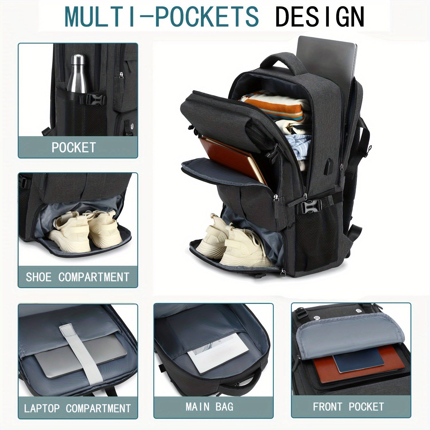 Keng sayohat noutbuk ruksak USB porti, poyabzal bo'limi va 15.6 dyuymli noutbuk qopqog'i bilan. Universitet, biznes va maktab mavsumlari uchun mos. Polyesterdan tayyorlangan, sozlanadigan kamarlar bilan.