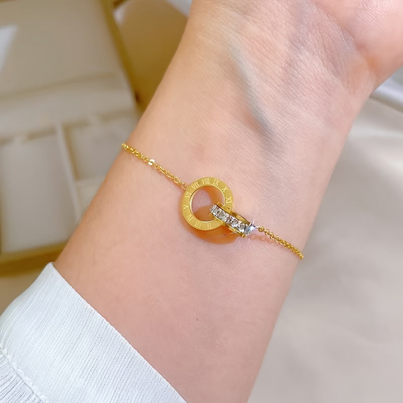 Women's Stainless Steel Bracelet with Double-Loop Roman Numerals and Zirconia