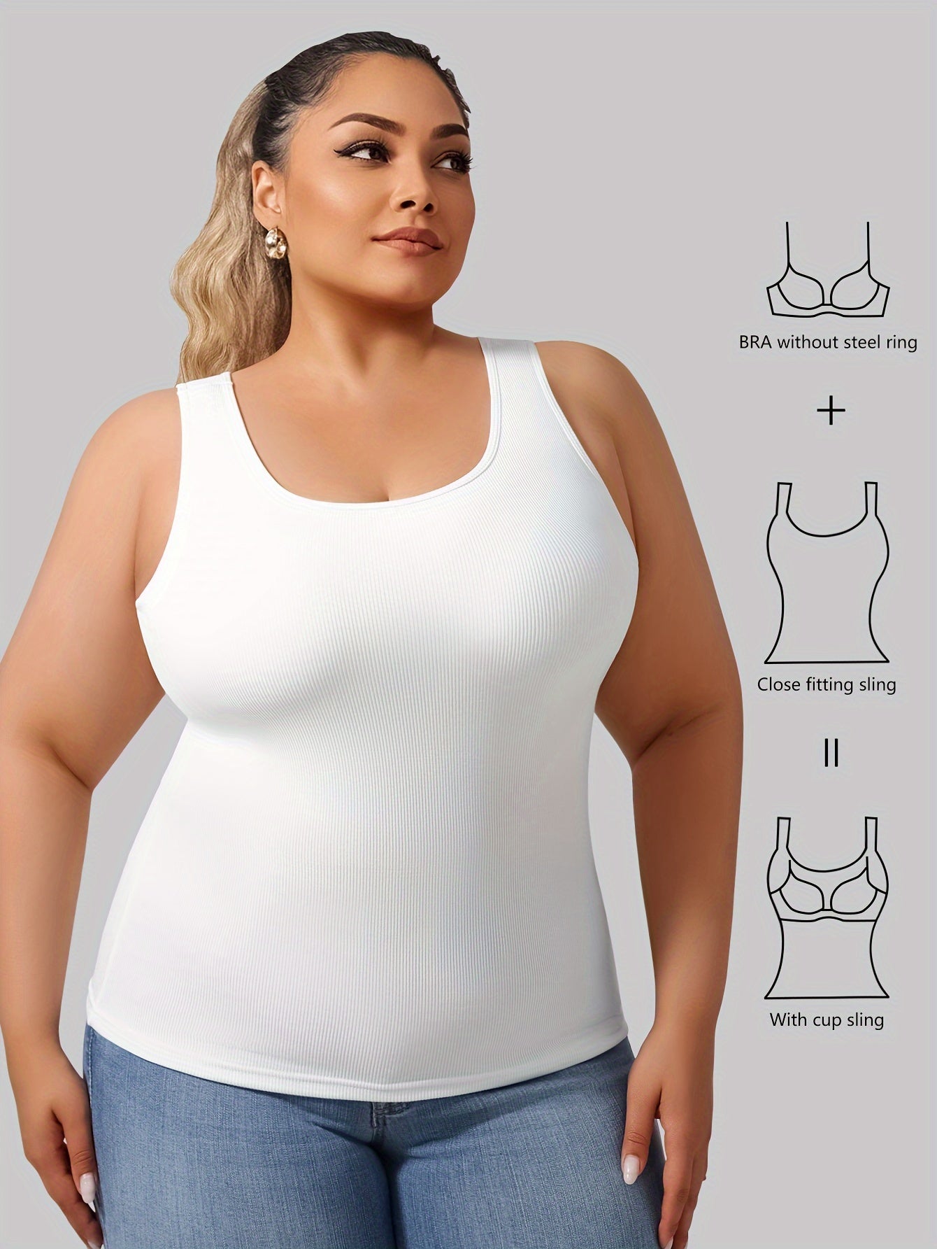 Plus Size Women's Ribbed Thermal Vest with Built-in Cup Pads for Autumn Winter