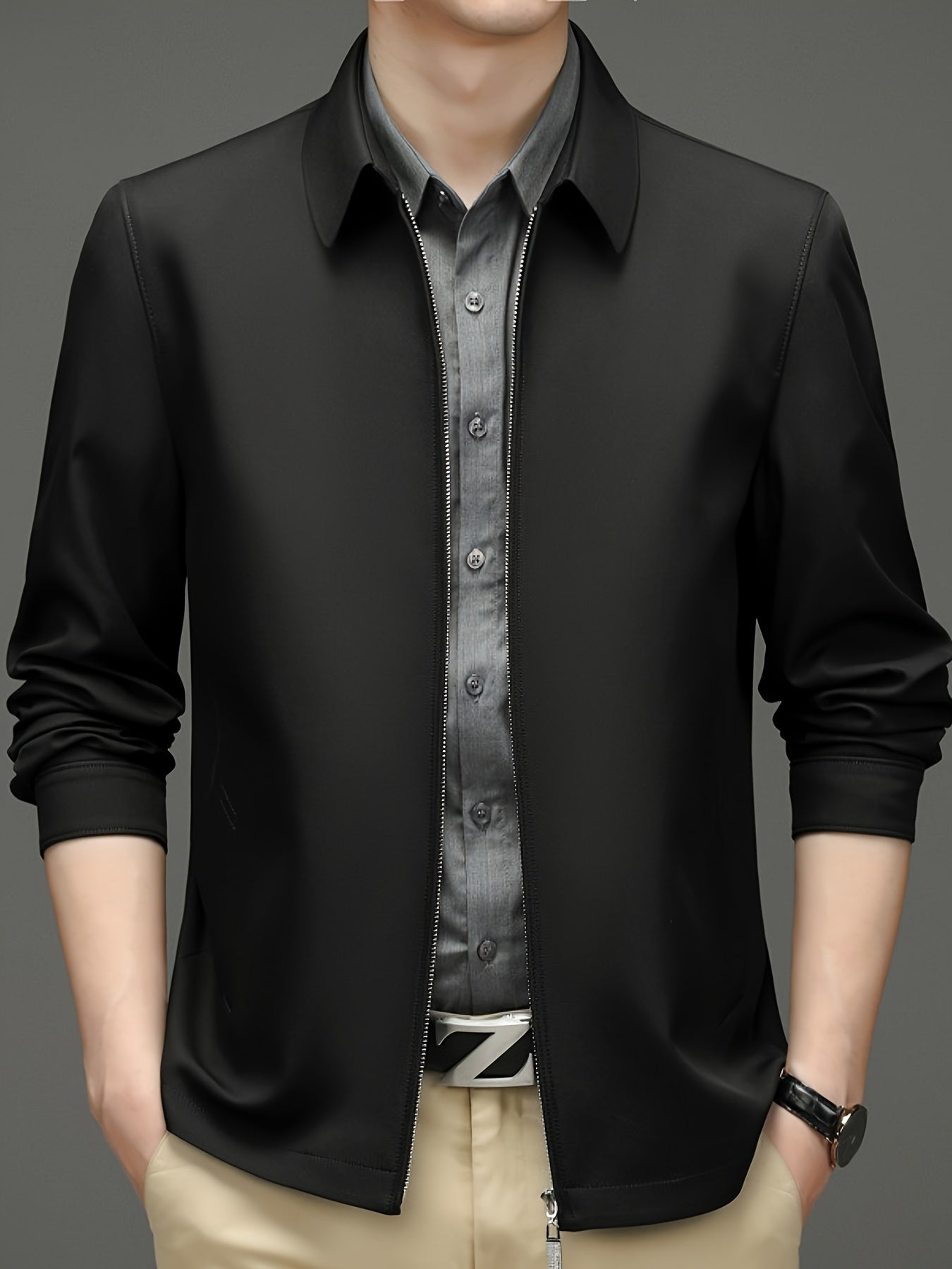 Men's Casual Business Jacket Polyester Solid Color Spring Fall Pockets