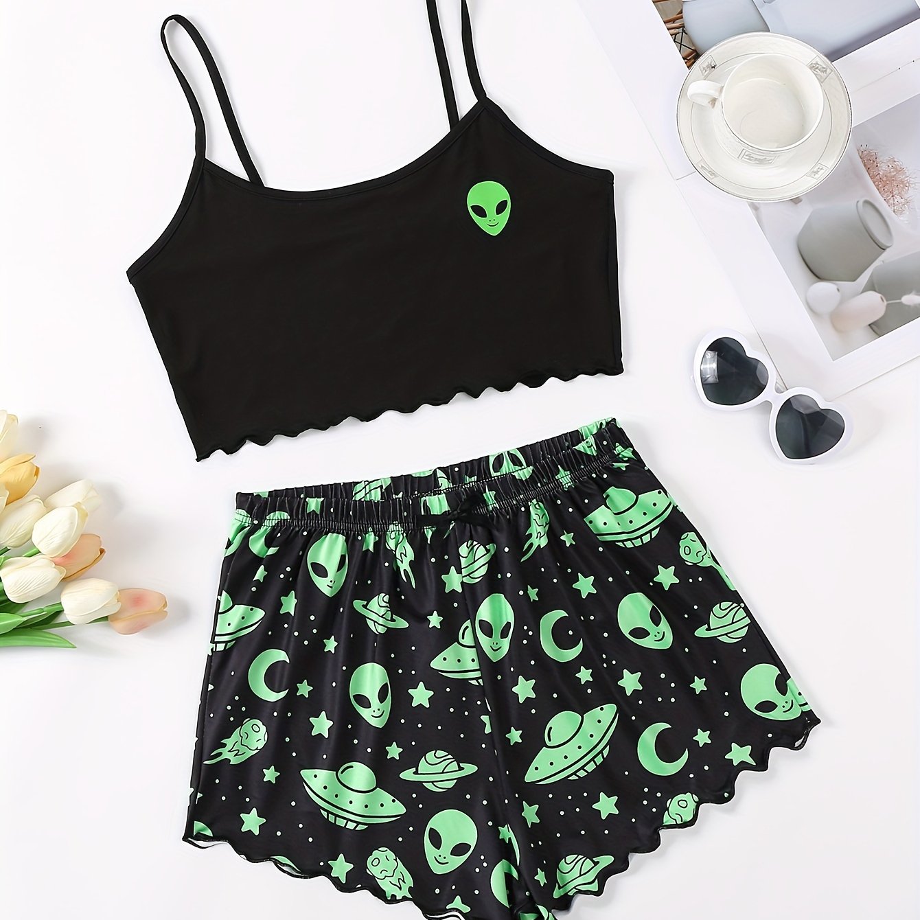 Women's Valentine's Day Pajama Set Heart Slogan Print Lettuce Trim Cami Top Elastic Shorts