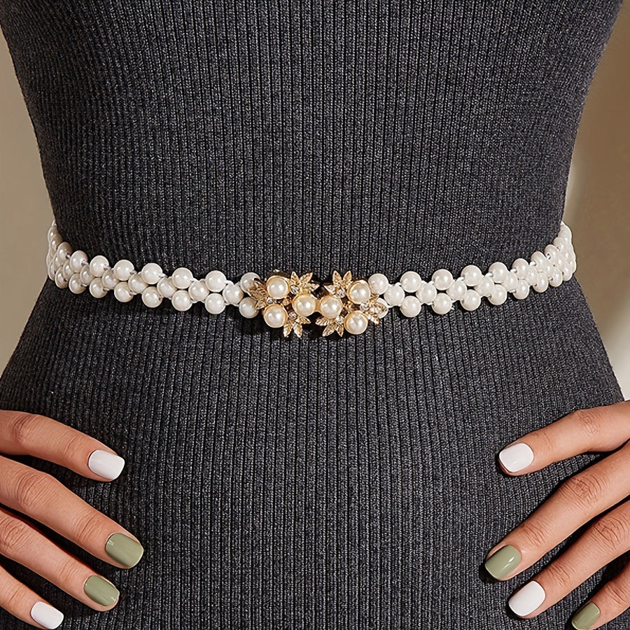 Women's Pearl Waist Chain Belt Elastic Jewelry for Dresses and Outfits