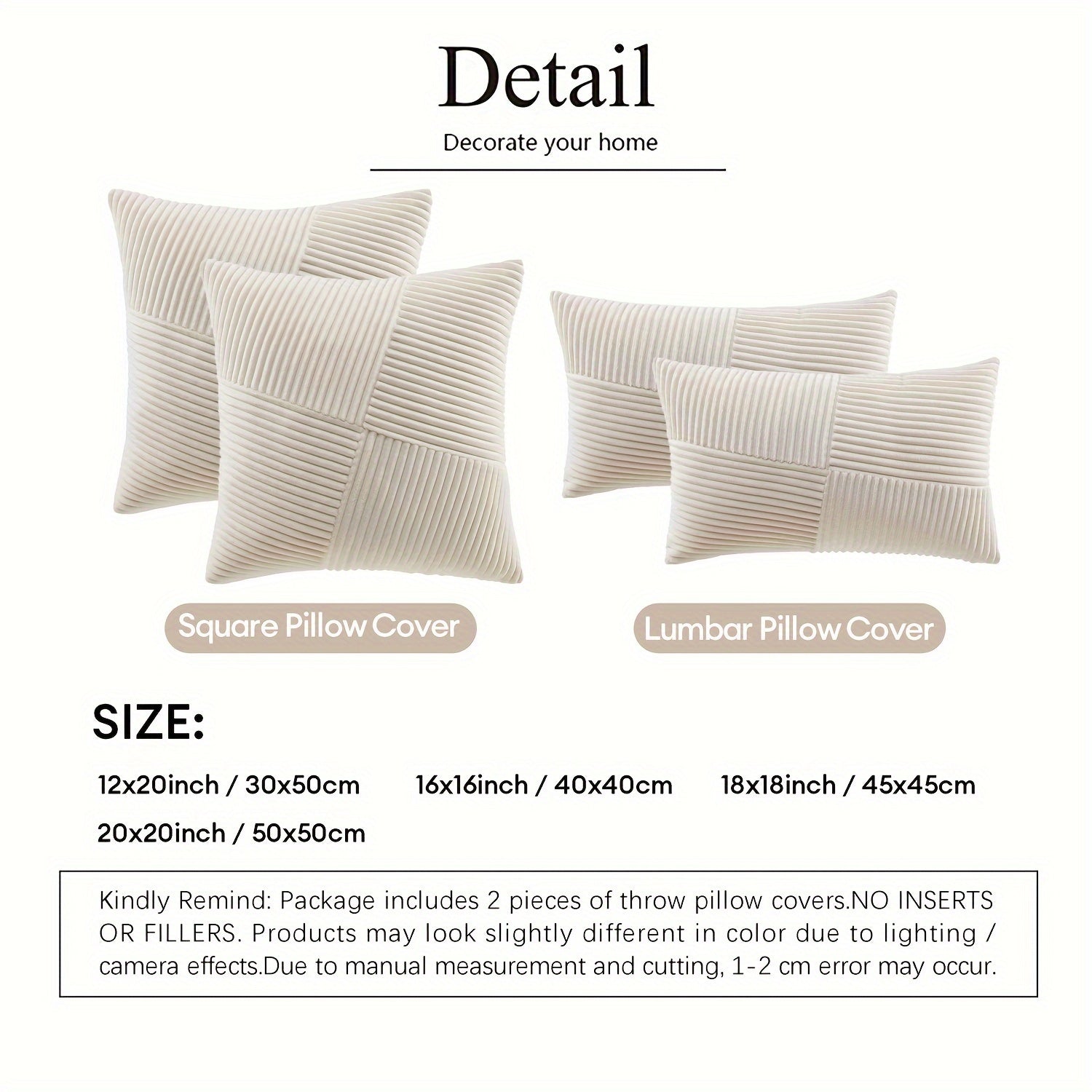 Bohemian Style Corduroy Throw Pillow Covers 2-Pack 45.72x45.72 cm Zippered Polyester Square Cushion Cases for Sofa Bed