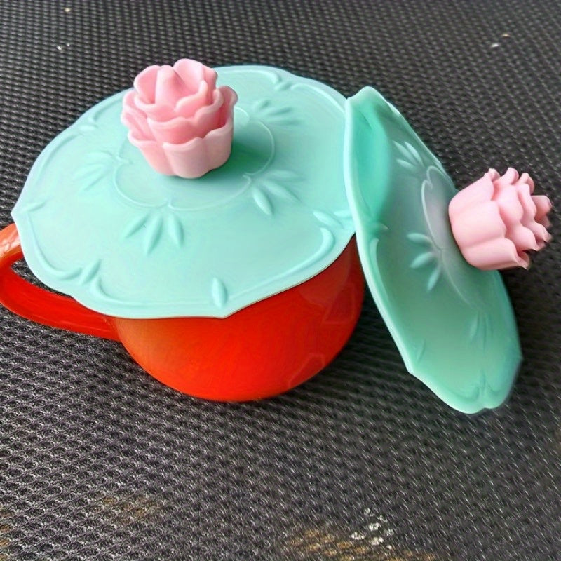 Silicone Cup Lid Set of 2 with Rose Flower Design Food-Grade Dust-Proof Odorless