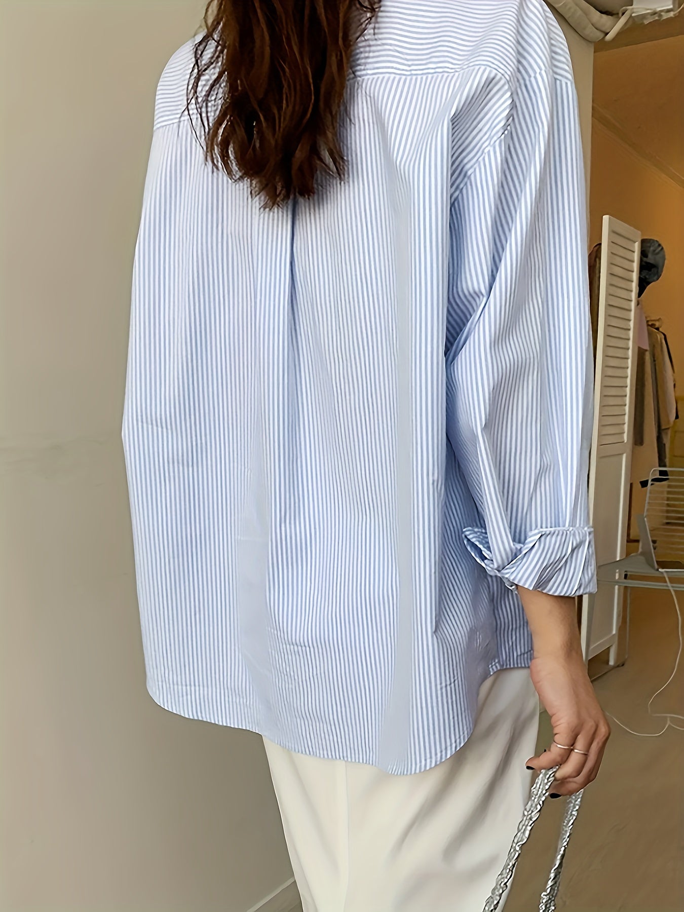 Women's Long Sleeve Blue Striped Lapel Shirt for Spring and Fall