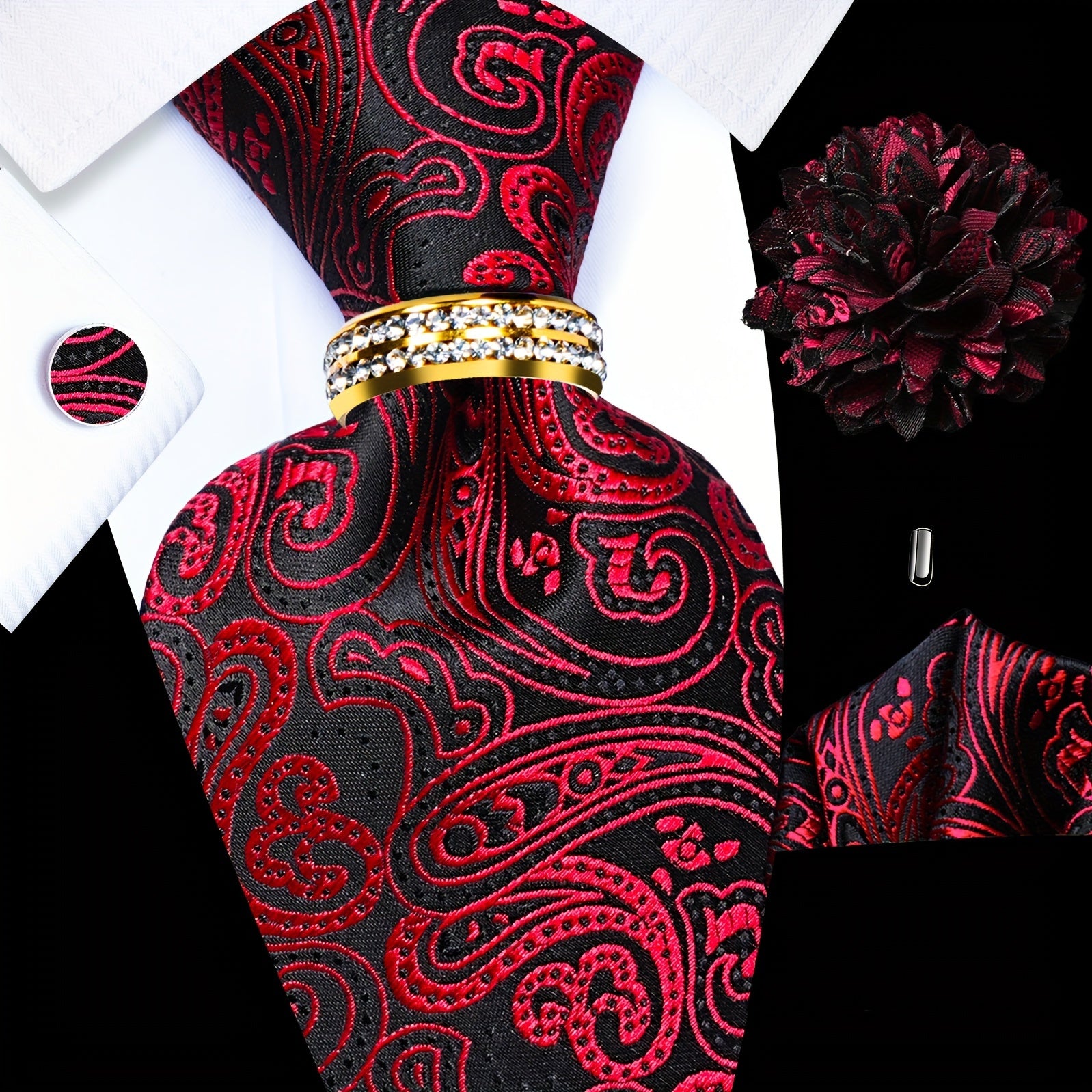 Men's Formal Tie Set with Pocket Square Cufflinks Tie Clip Lapel Pin and Ring for Weddings and Occasions