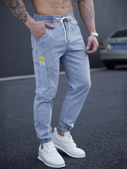 Men's Cropped Denim Tapered Jeans with Waist Drawstring Solid Color Regular Fit