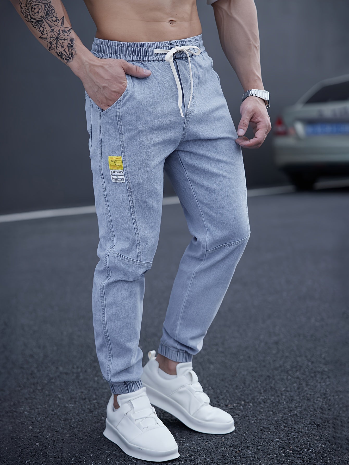 Men's Cropped Denim Tapered Jeans with Waist Drawstring Solid Color Regular Fit