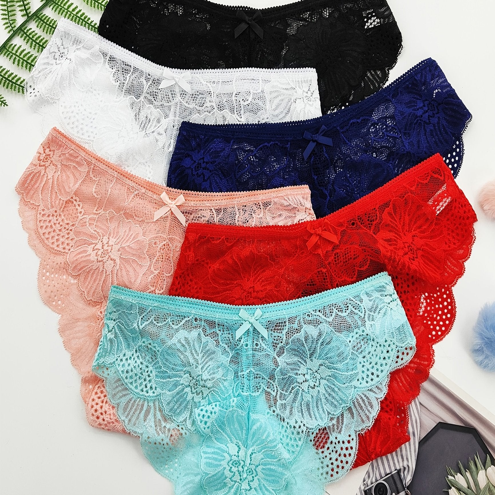 Pack de 6 braguitas de bikini de encaje jacquard con lazo para mujer de cintura baja