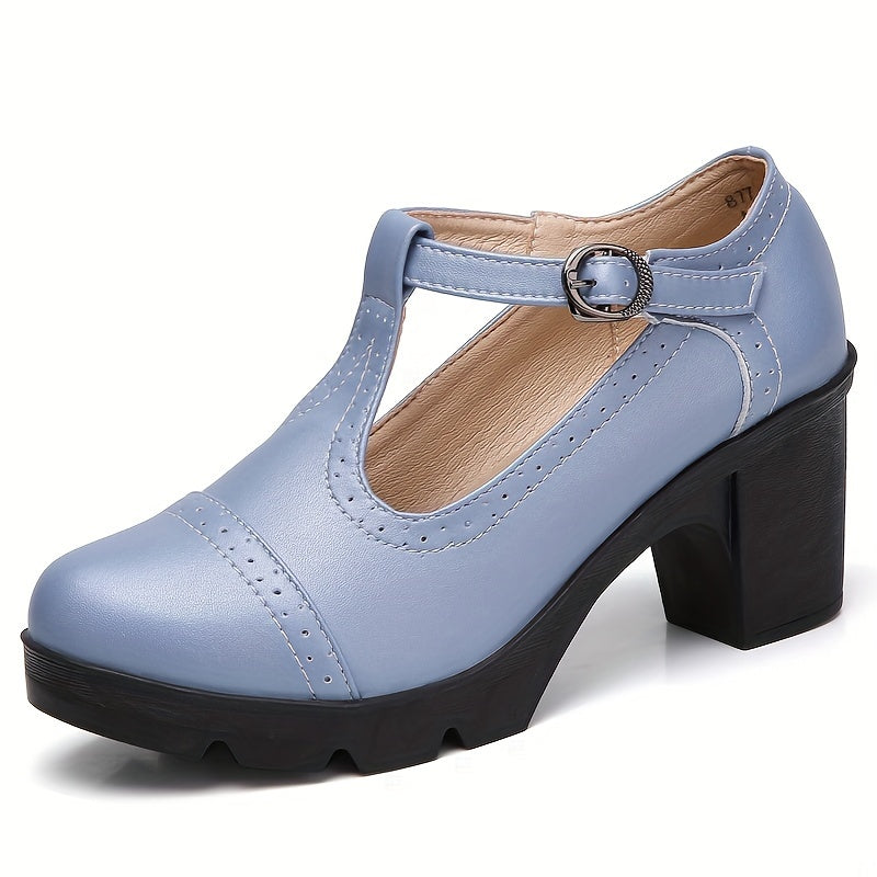 Women's T-Strap Chunky Heels Retro Buckle Oxford Pumps for Office