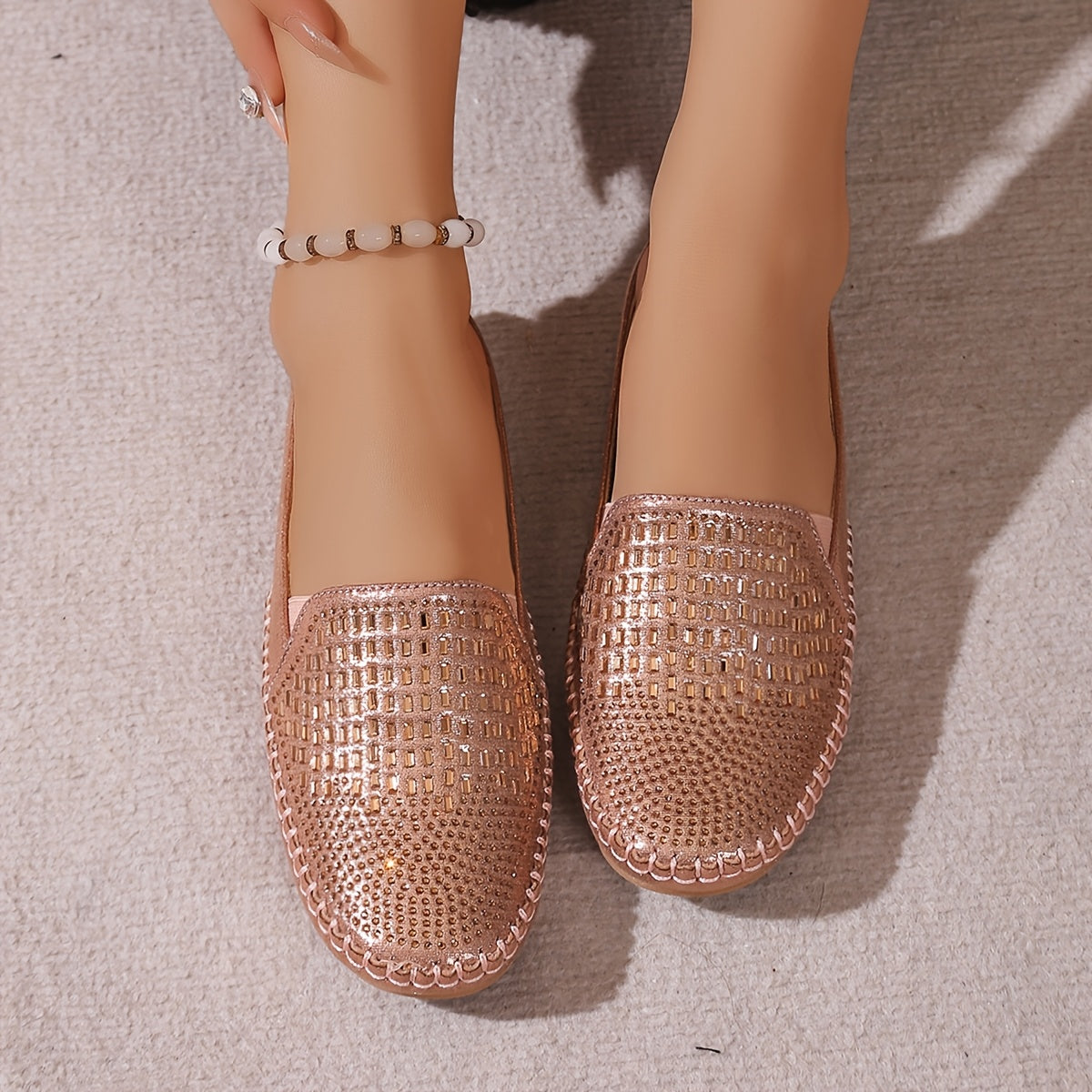 Zapatillas casuales para exteriores para mujer, zapatos planos ligeros con detalles de lentejuelas