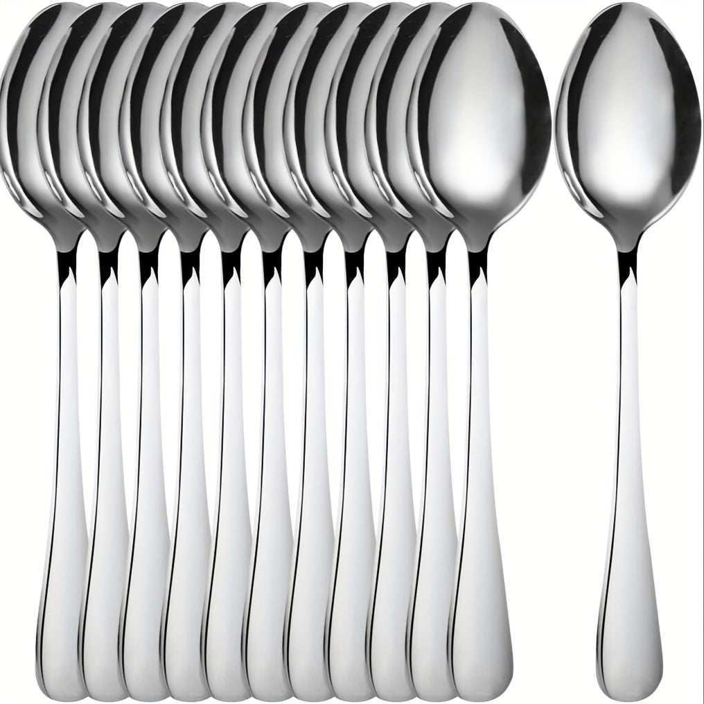 12-Piece Stainless Steel Dessert Spoons Set 13.69cm Black Accents Polished Finish