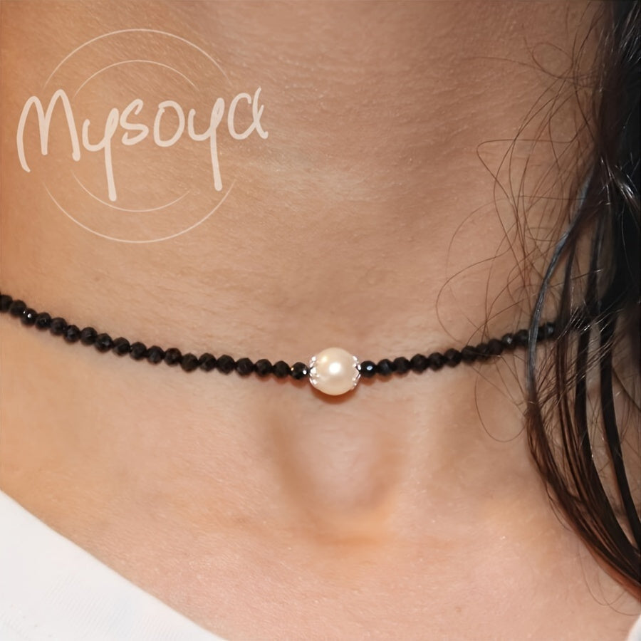 Collar de ónix negro y perla de agua dulce para mujer, joyería elegante, regalo