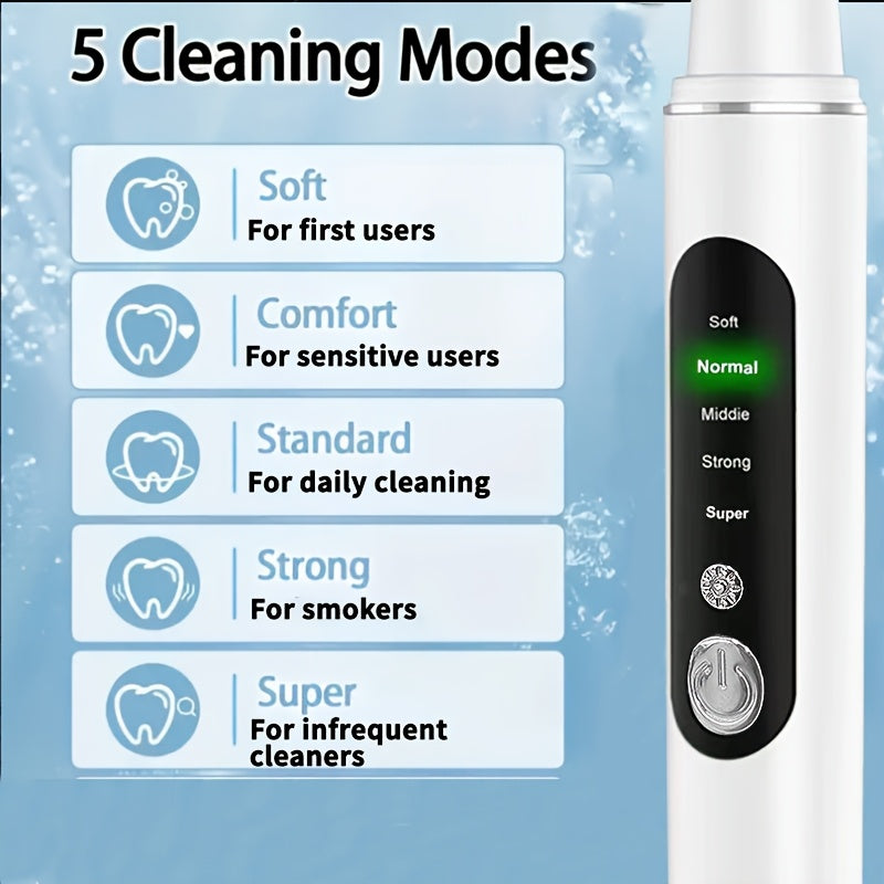 LED chiroq bilan zaryadlanadigan tish tozalagich, 4 ta almashtiriladigan bosh, Type-C zaryadlash, portativ elektr dizayni, sovg'a uchun mos.