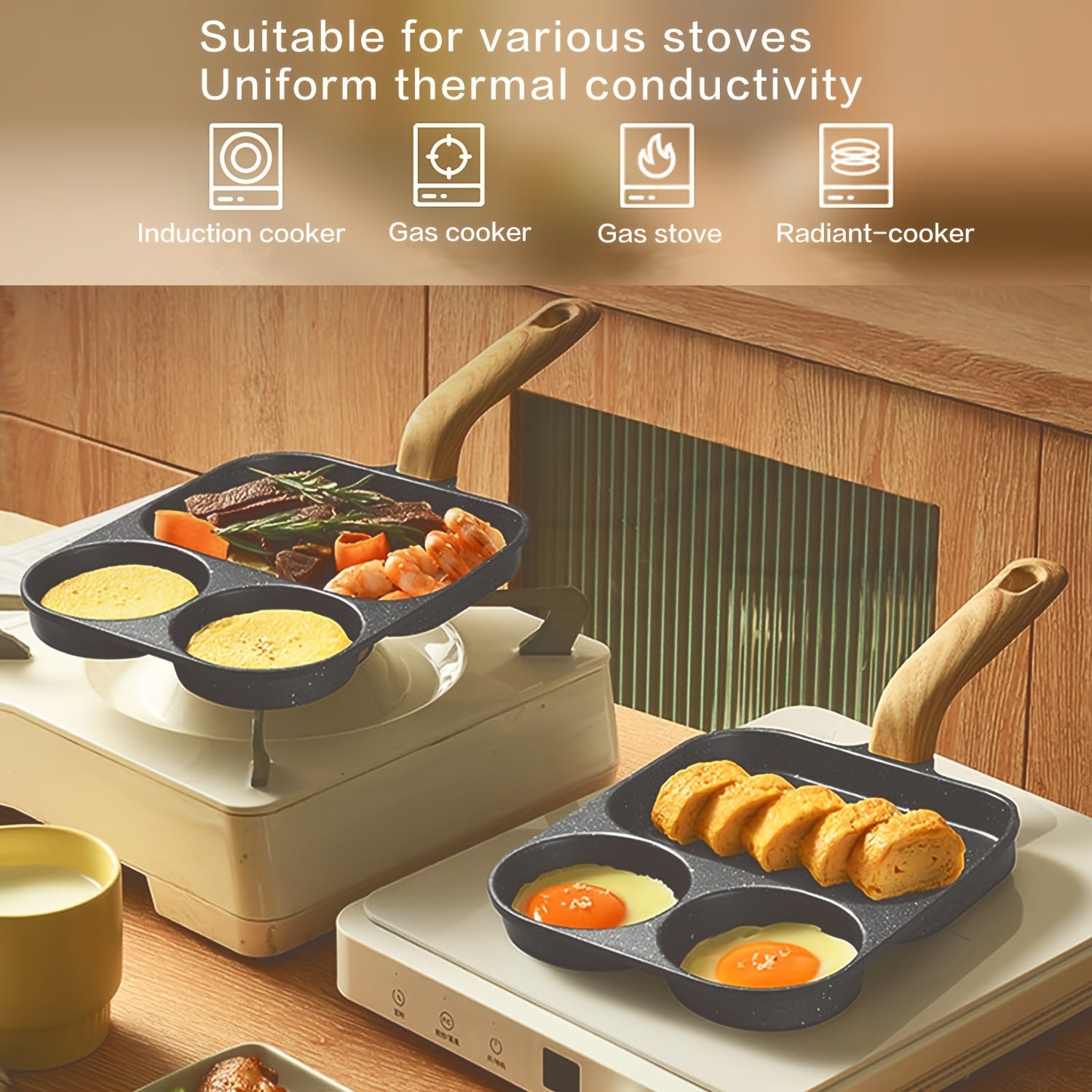 3-in-1 Non-Stick Aluminum Frying Pan for Eggs and Pancakes Induction Gas Stove Multi-Section Breakfast Skillet