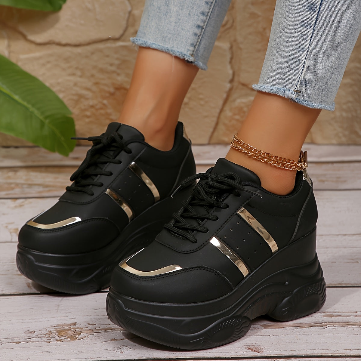Women's Breathable Sneakers with Rubber Sole Black and Gold Accents
