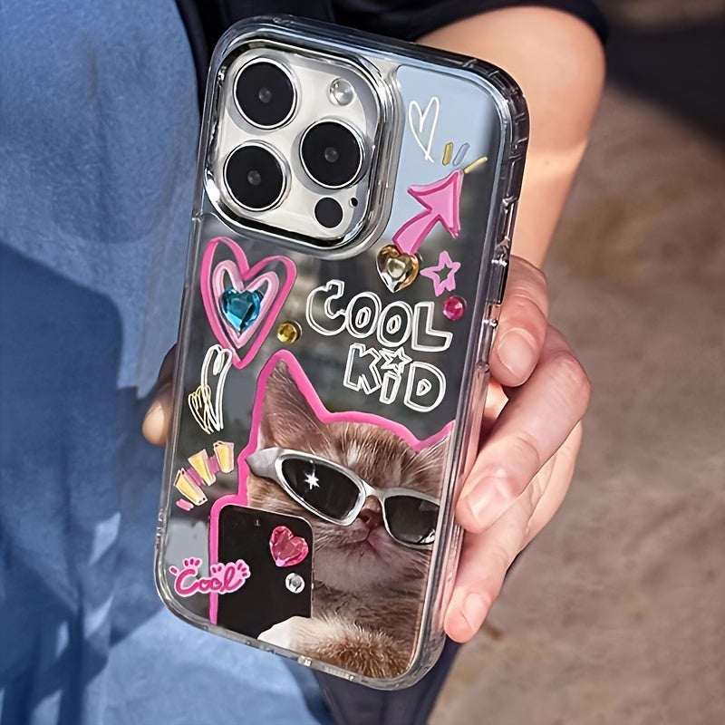 Funda para teléfono con gafas de gato y espejo de diamantes, rhinestone, TPU para niñas