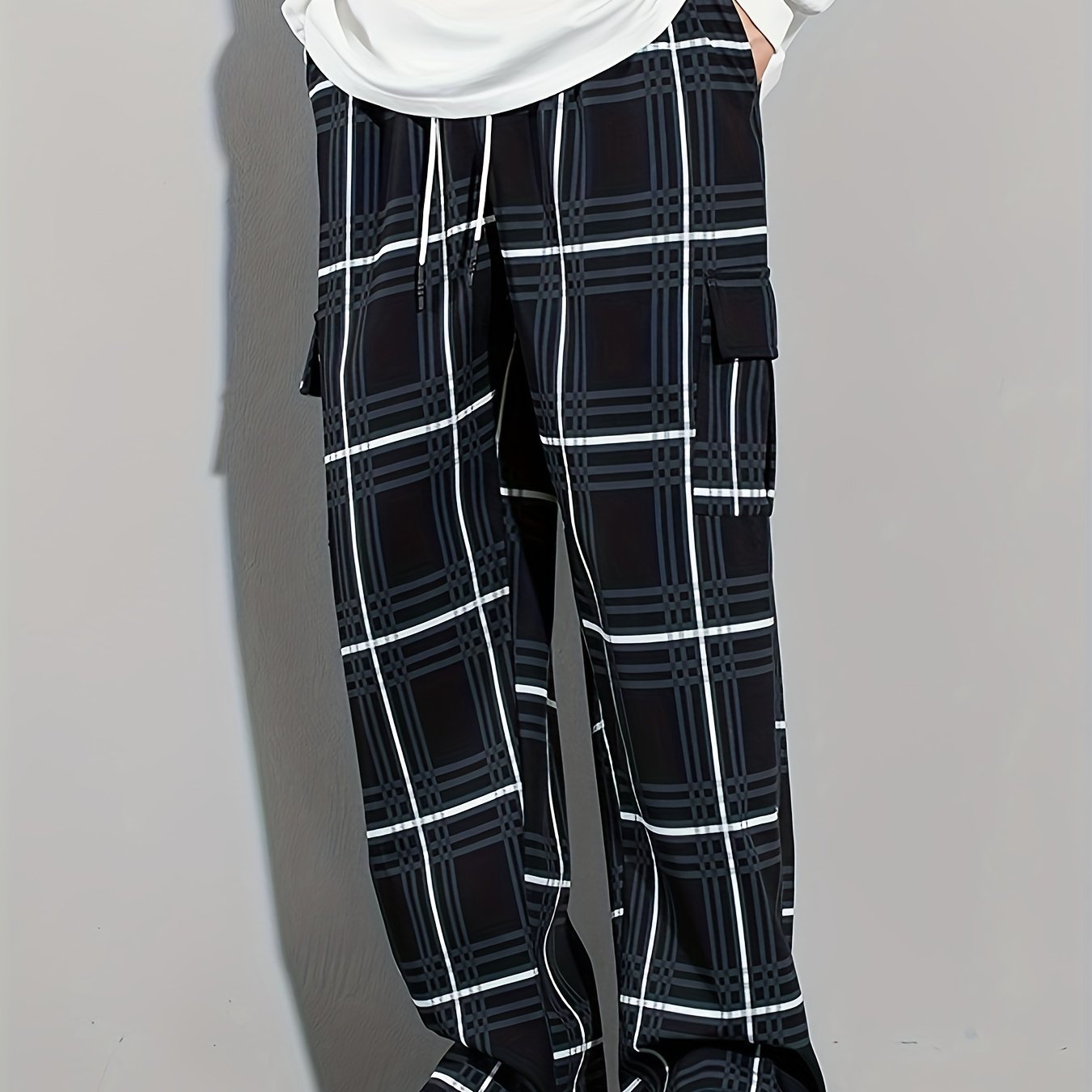 Adult Plaid Cargo Pants with Multiple Pockets and Slight Stretch Fabric