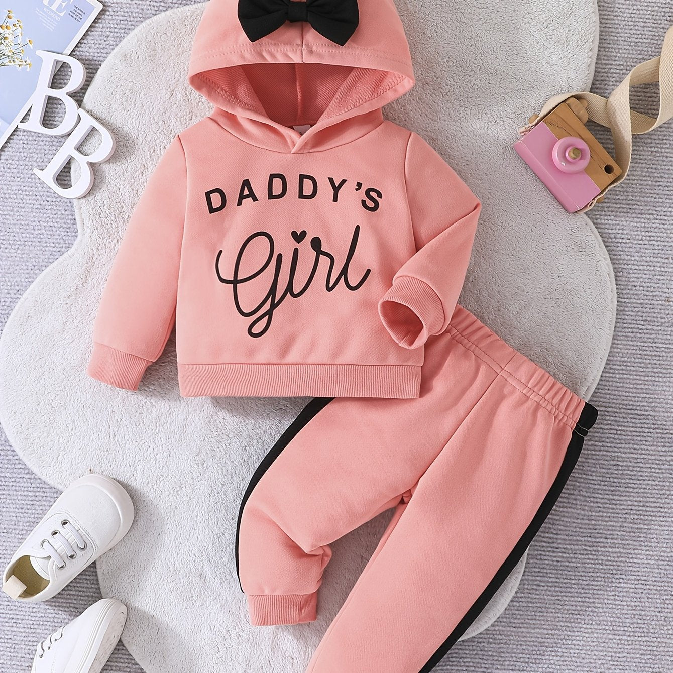 Baby Girl Casual Outfit Set with Hooded Sweatshirt and Bow Trousers for Spring and Fall