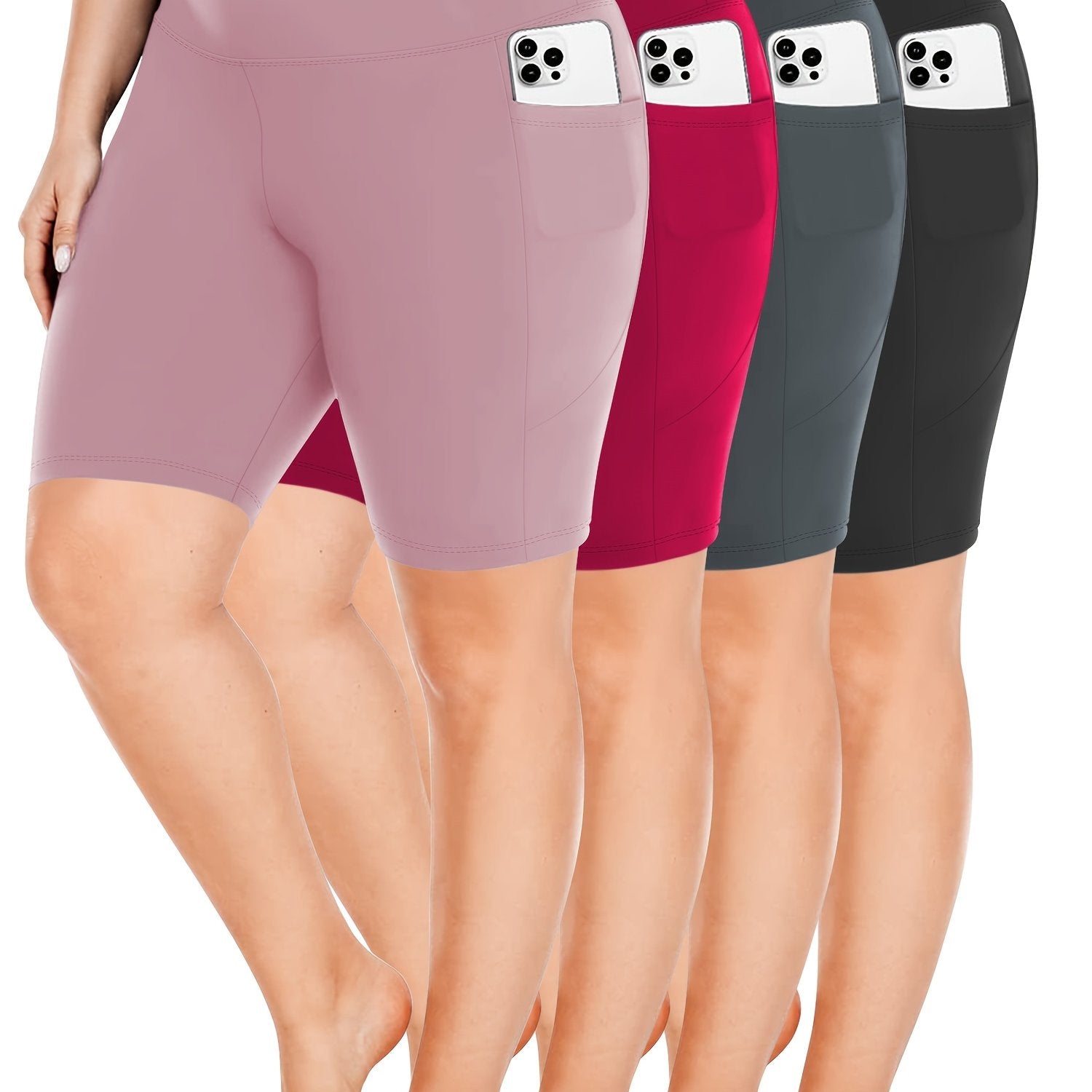 Plus Size Biker Shorts 4-Pack Polyester Knit High-Waisted Pockets Summer