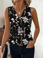 Women's Floral Print Sleeveless V-Neck Blouse Polyester Casual Summer Black