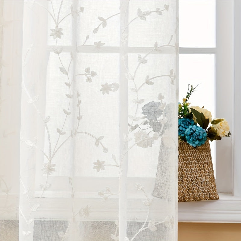 Pair Of Transparent Gauze Curtains With Floral Embroidery For Living Room Bedroom Outdoor