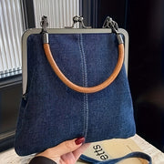 Handcrafted Denim Crossbody Bag for Women with Clasp Closure and Wooden Handle