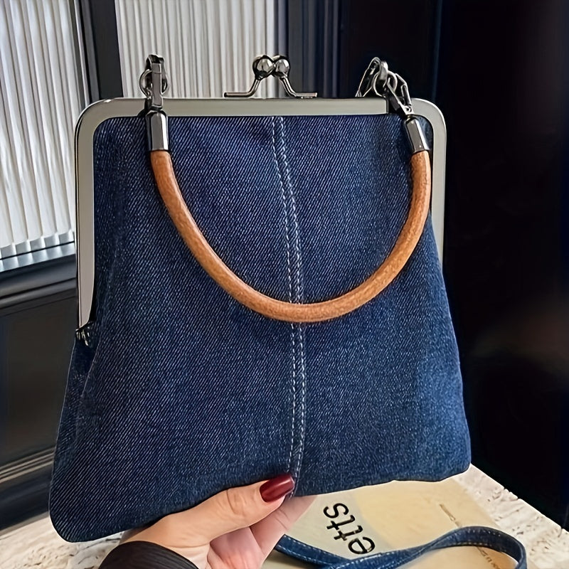 Handcrafted Denim Crossbody Bag for Women with Clasp Closure and Wooden Handle