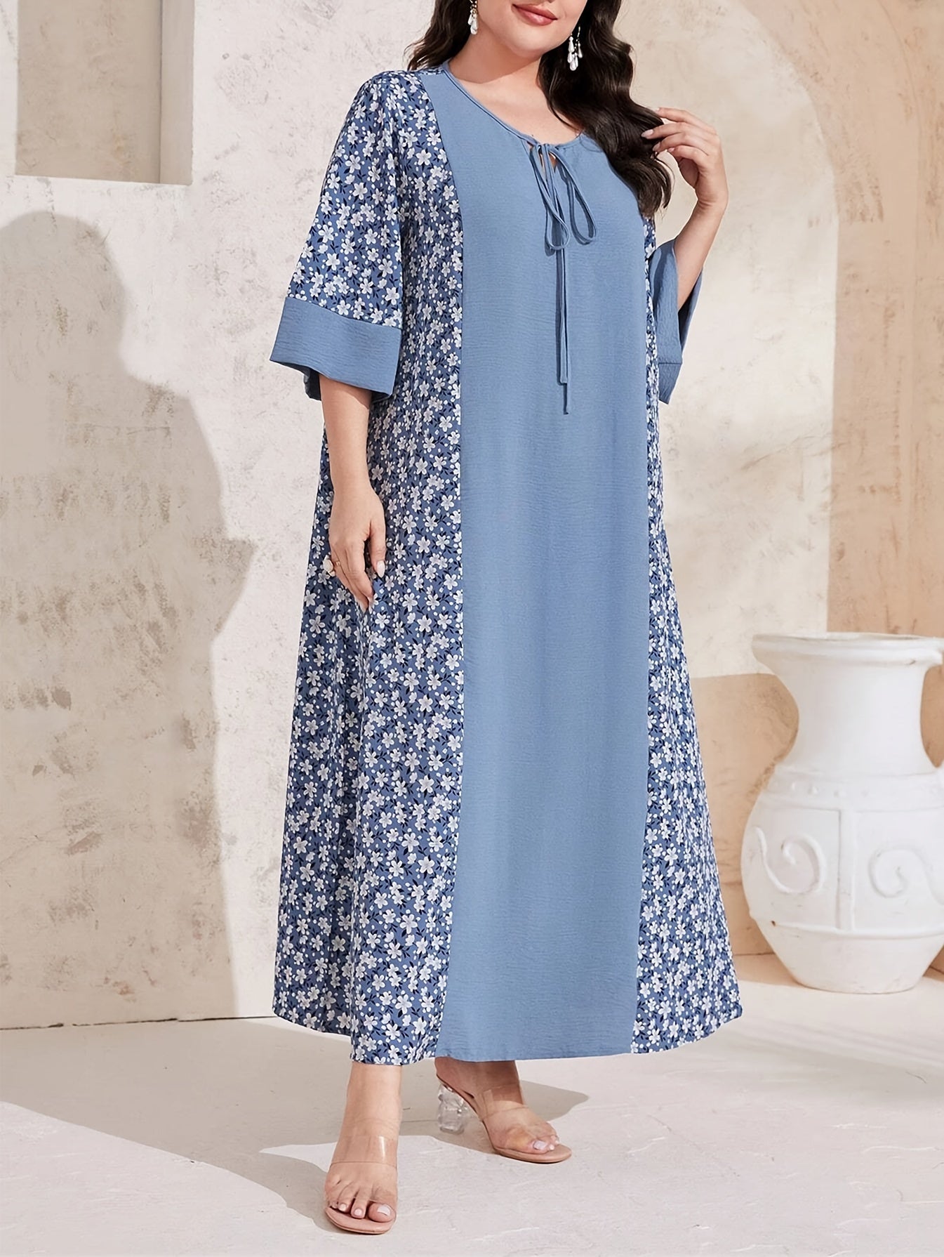 Plus Size Floral Print Tie Front Maxi Dress for Spring and Summer