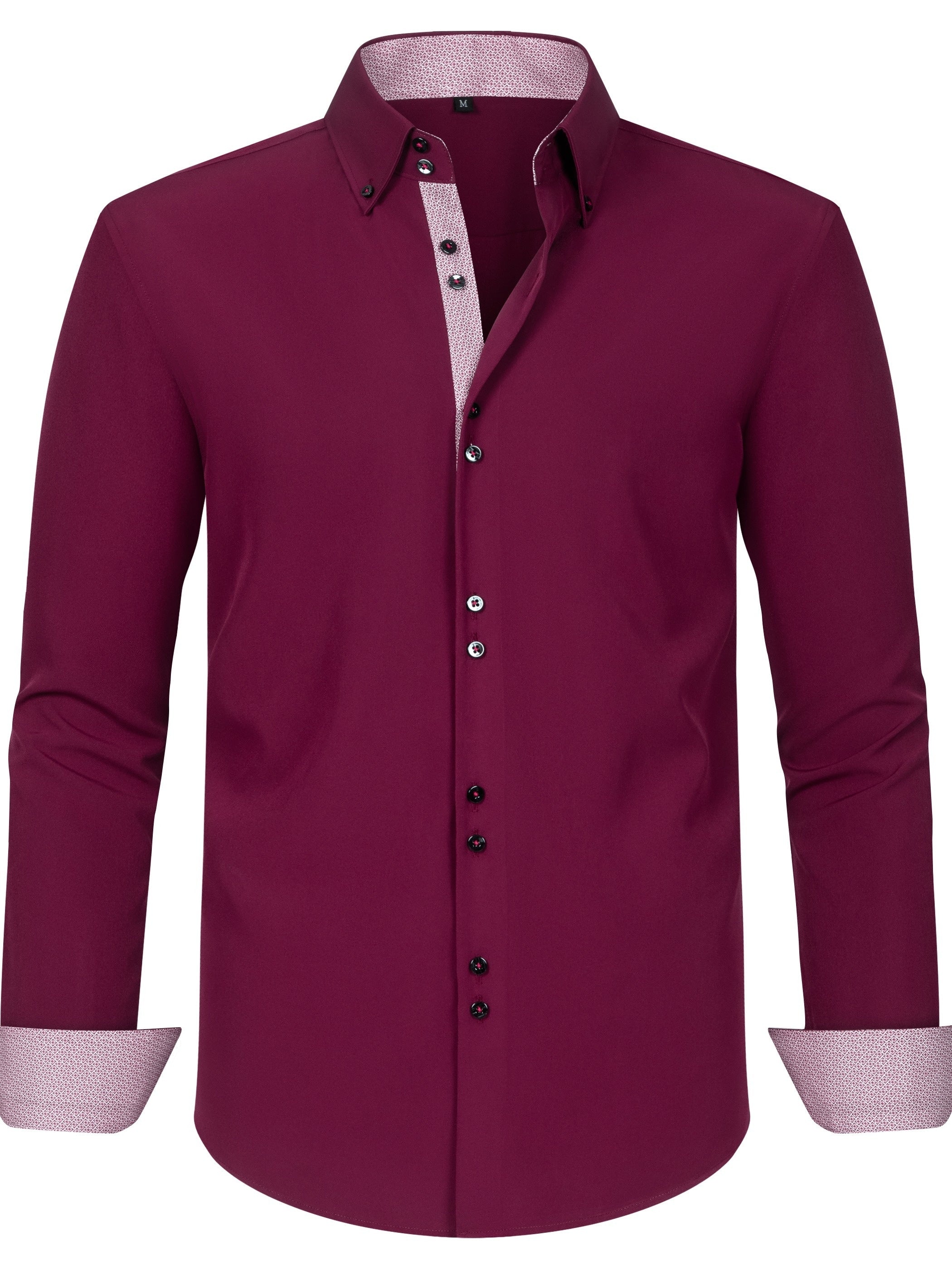 Men's Light Blue Long Sleeve Double Breasted Shirt with Floral Cuffs Polyester Blend