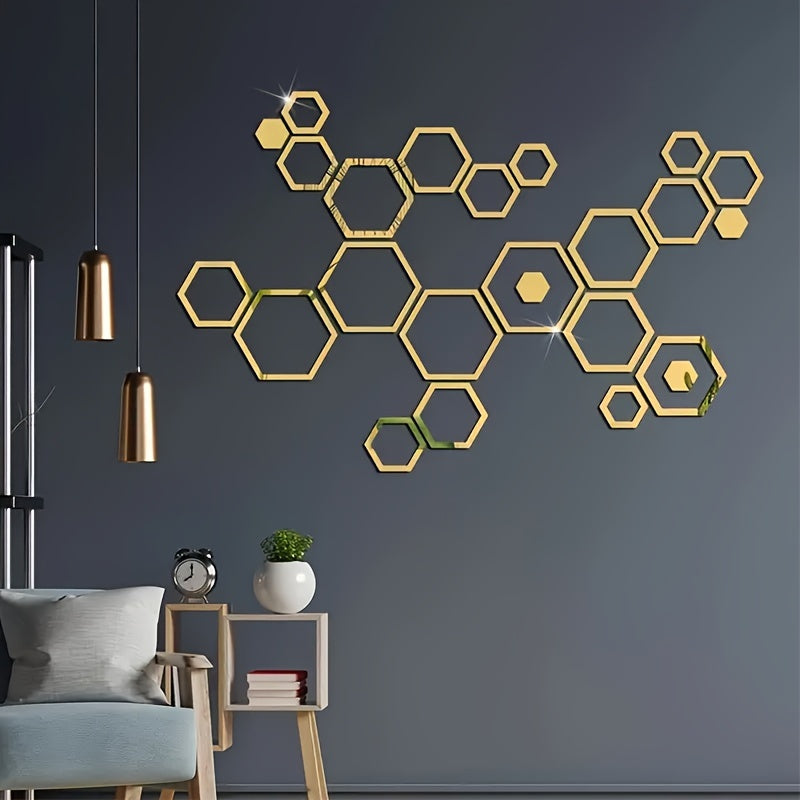 Hexagon 3D Wall Mirror Stickers Acrylic Decals Glam Style Self-Adhesive Polished Finish Vertical Irregular Shape Home Decor