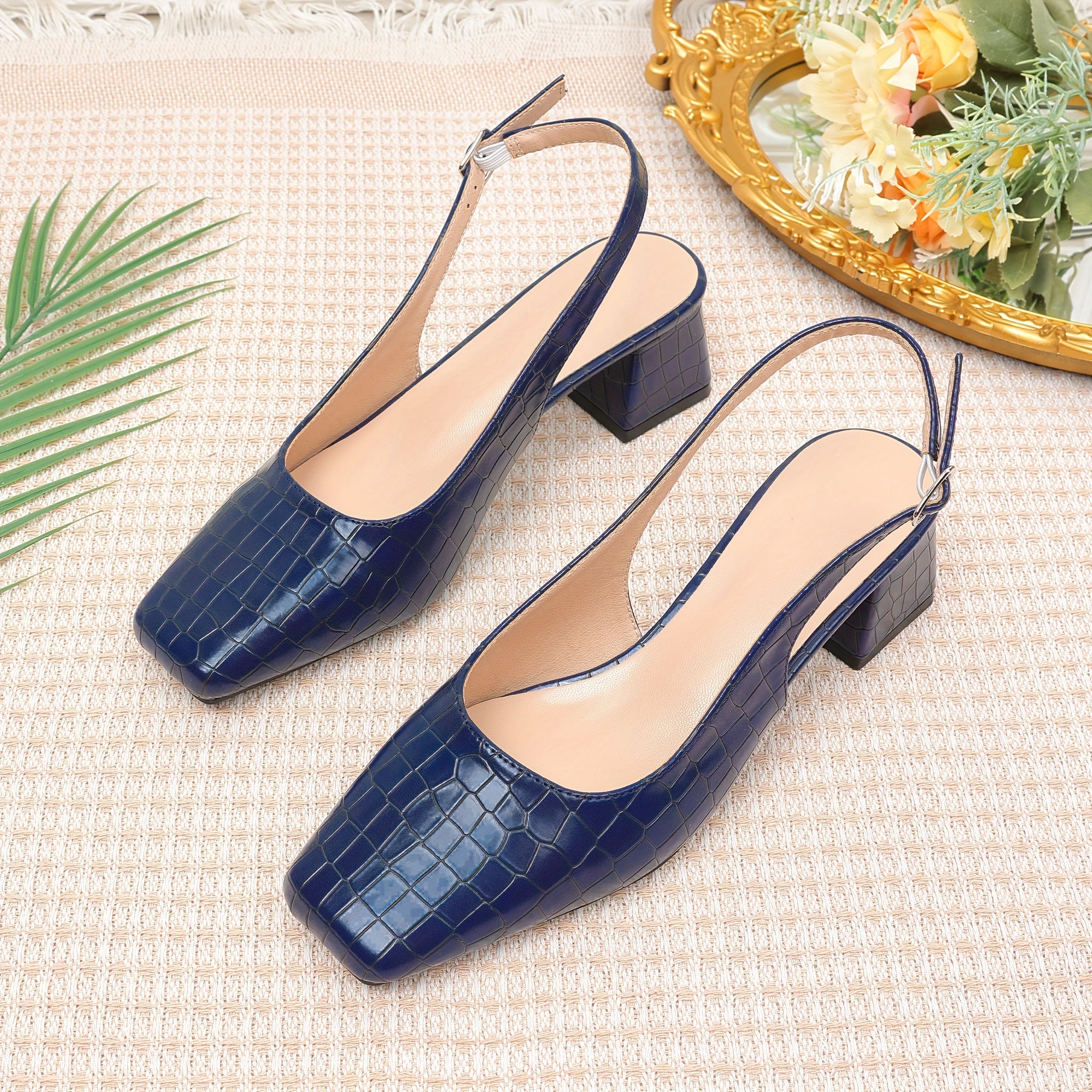 Women's Square Toe Pumps Faux Leather Crocodile Pattern Chunky Heel Dress Shoes