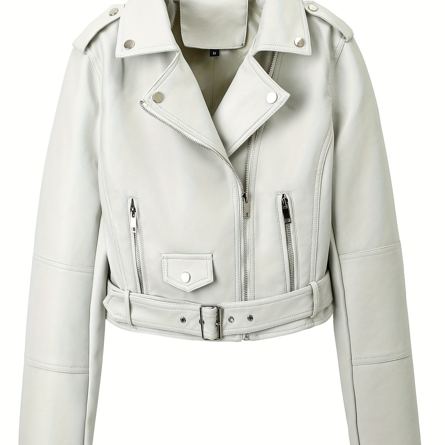 Women's Faux Leather Biker Jacket with Zip-Up Closure and Lapel Crop Design for Spring Fall