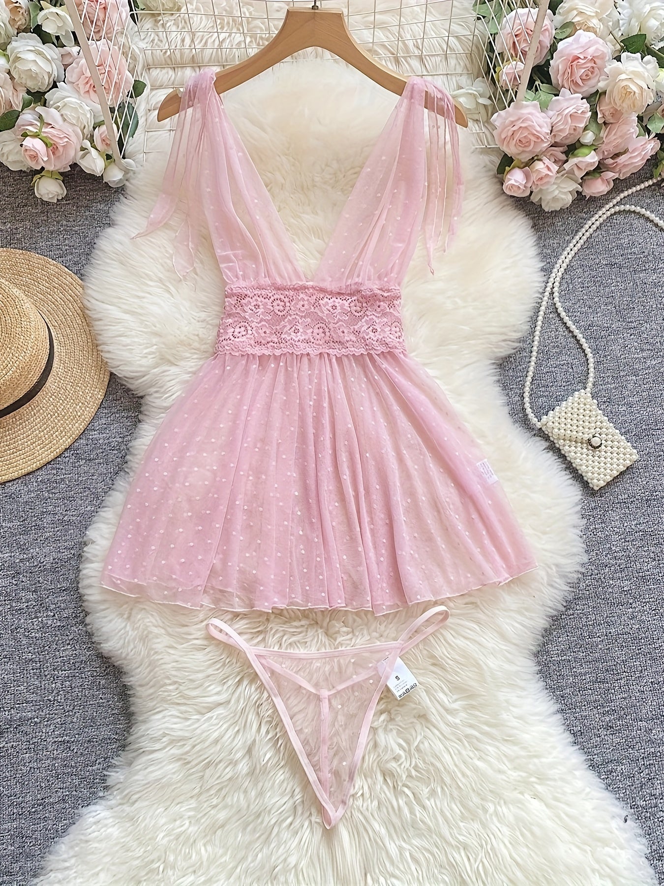 Polka Dot Mesh Dress with V-Neck Ruffle Trim Backless Thong