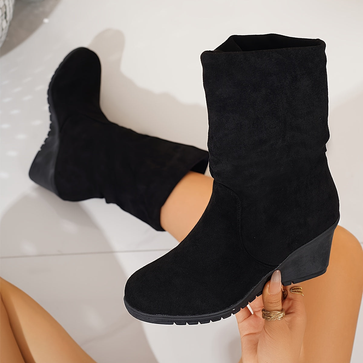 Women's Leather Mid-Calf Slip-On Boots Black All-Season Traction