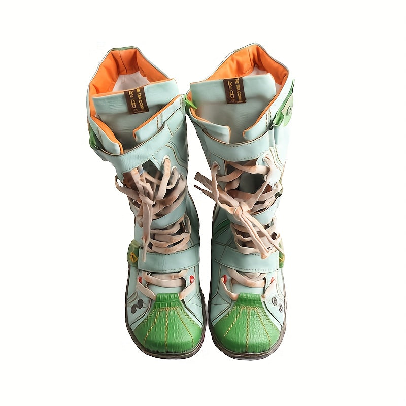 Women's Retro Leather Mid Heel Boots Lace Up Side Zipper Casual