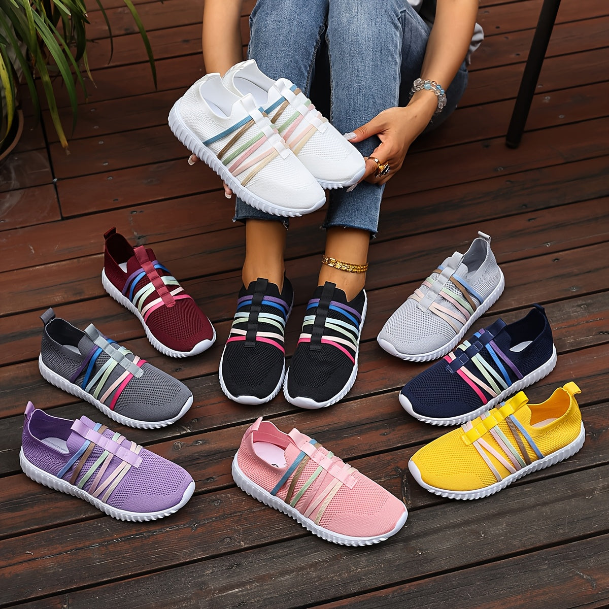 Women's Slip-On Casual Sneakers Breathable Fabric Pastel Stripes