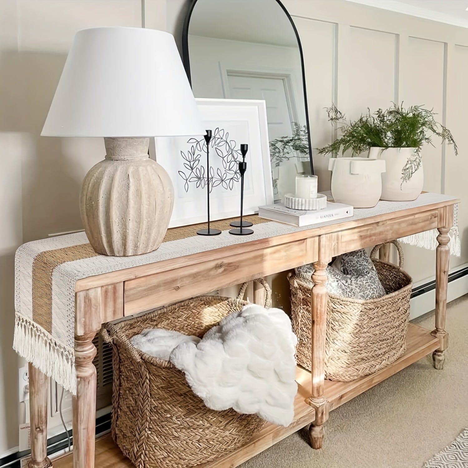 Linen Bohemian Chic Table Runner with Tassels for Weddings Dining and Home Decor