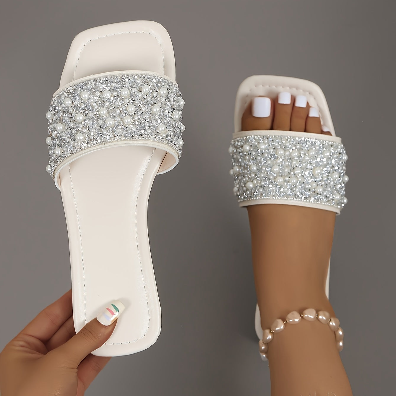 Women Summer Slide Sandals Faux Pearl Embellishments Flat Heel Casual Outdoor