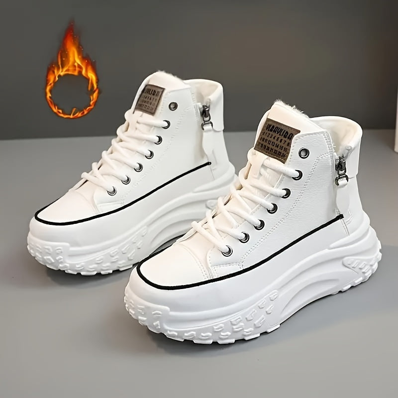 Women's Solid Color Plush Lined Lace Up Short Ankle Boots for Winter