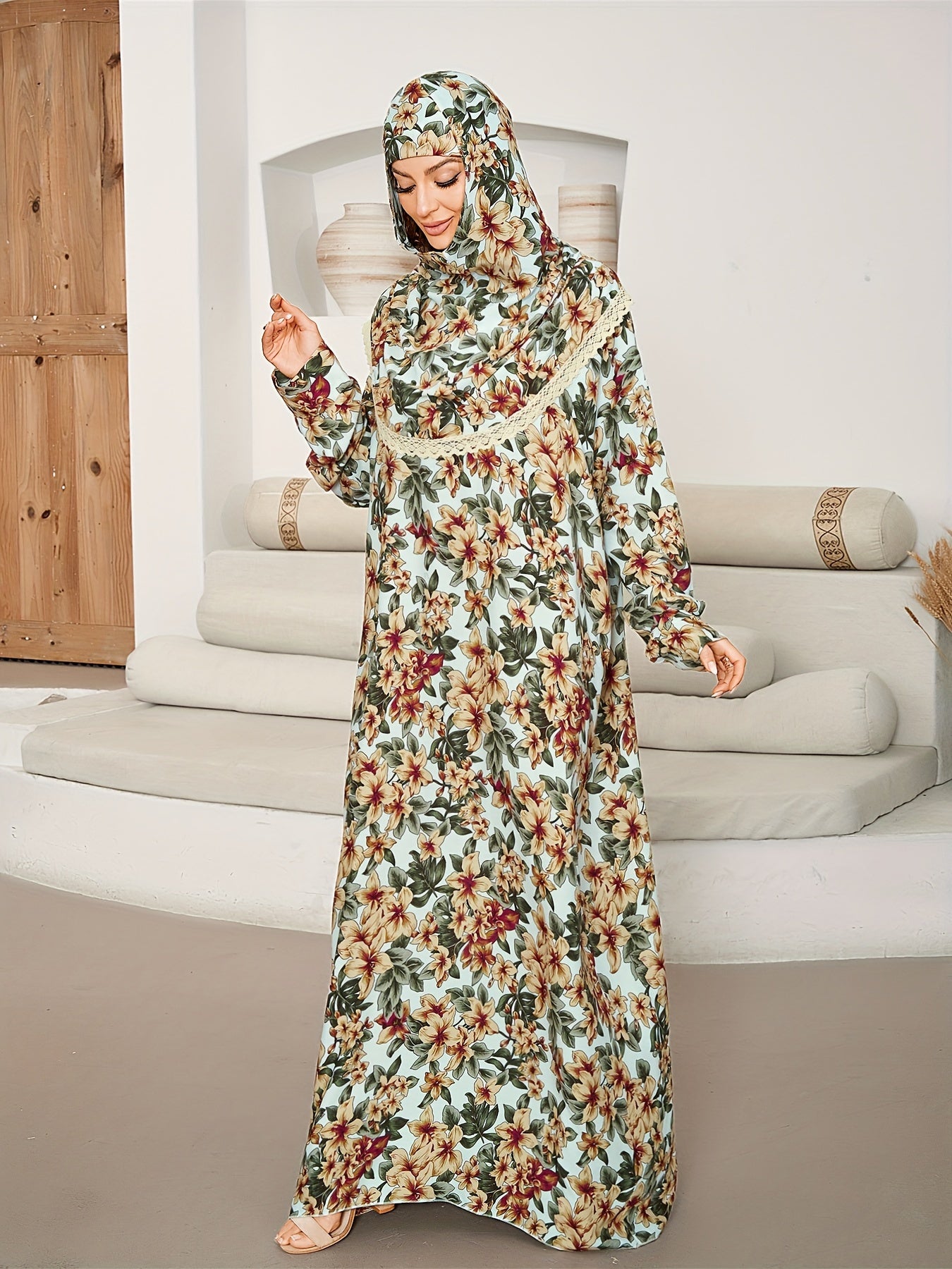 Plus Size Floral Dress Long Sleeve Prayer Dress with Hijab