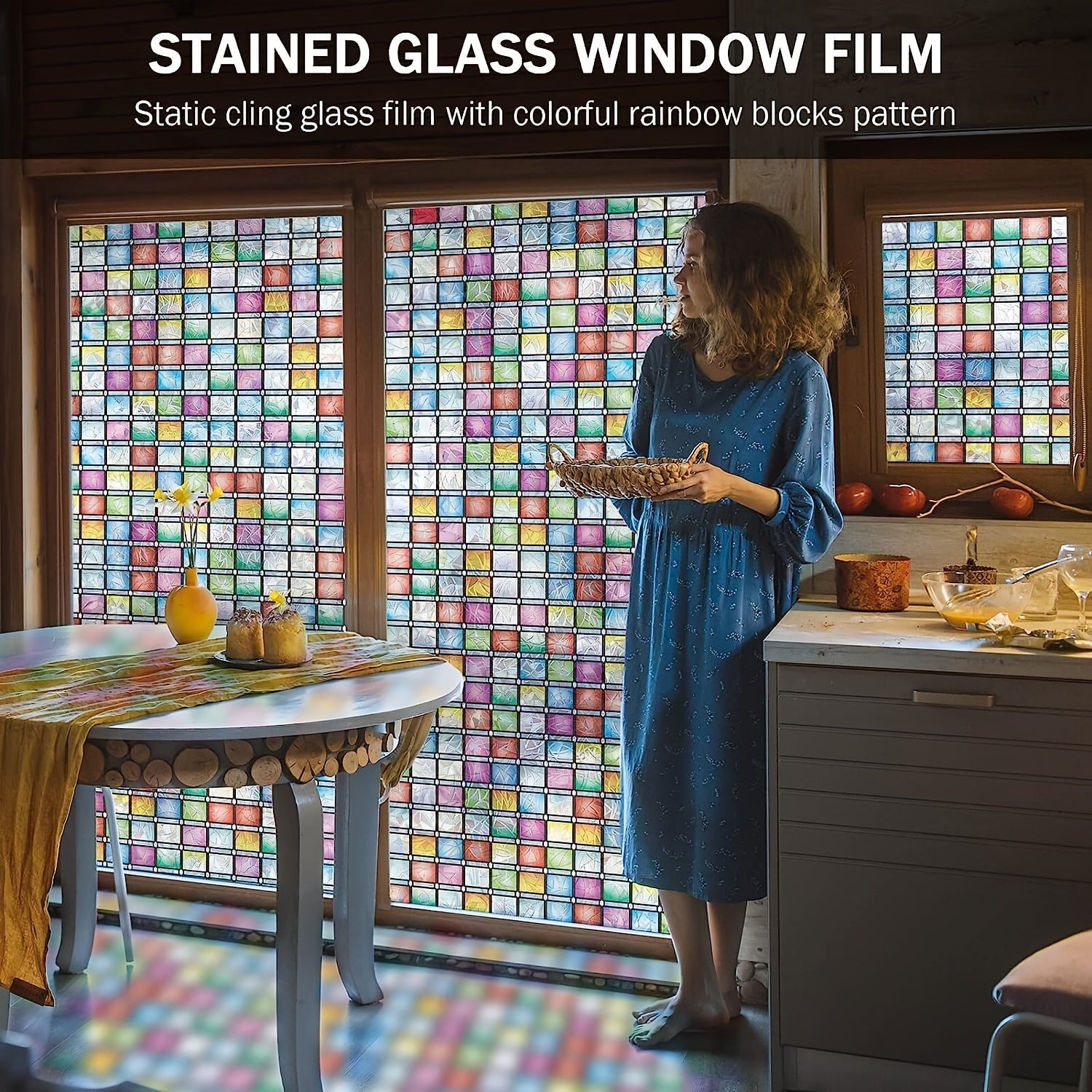 Frosted Privacy Window Film with Crescent & Diamond Pattern, Heat Control, No-Glue, Semi-Transparent, 9mil PVC