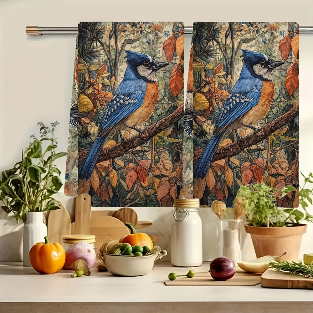 Set of 2 Coastal Blue Jay Kitchen Towels 40x60cm Super Absorbent Machine Washable