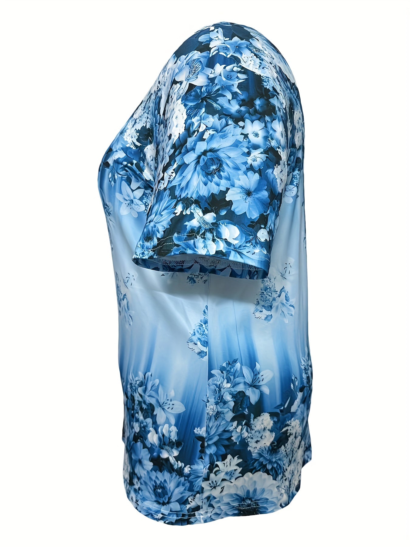 Women's Plus Size Floral V-Neck Blouse Short Sleeve Summer Top Purple Blue
