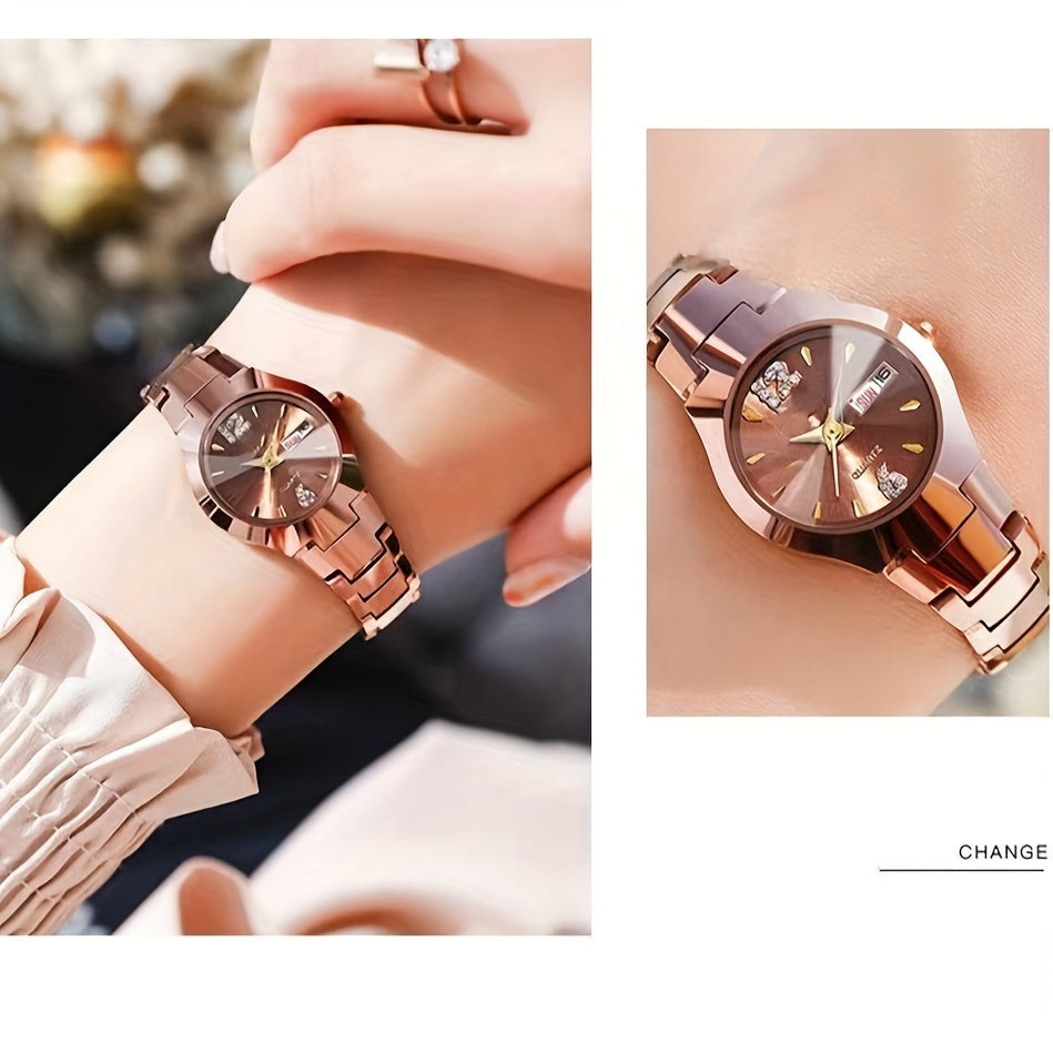 Reloj de pulsera de cuarzo para mujer con piedras de fantasía y función de calendario