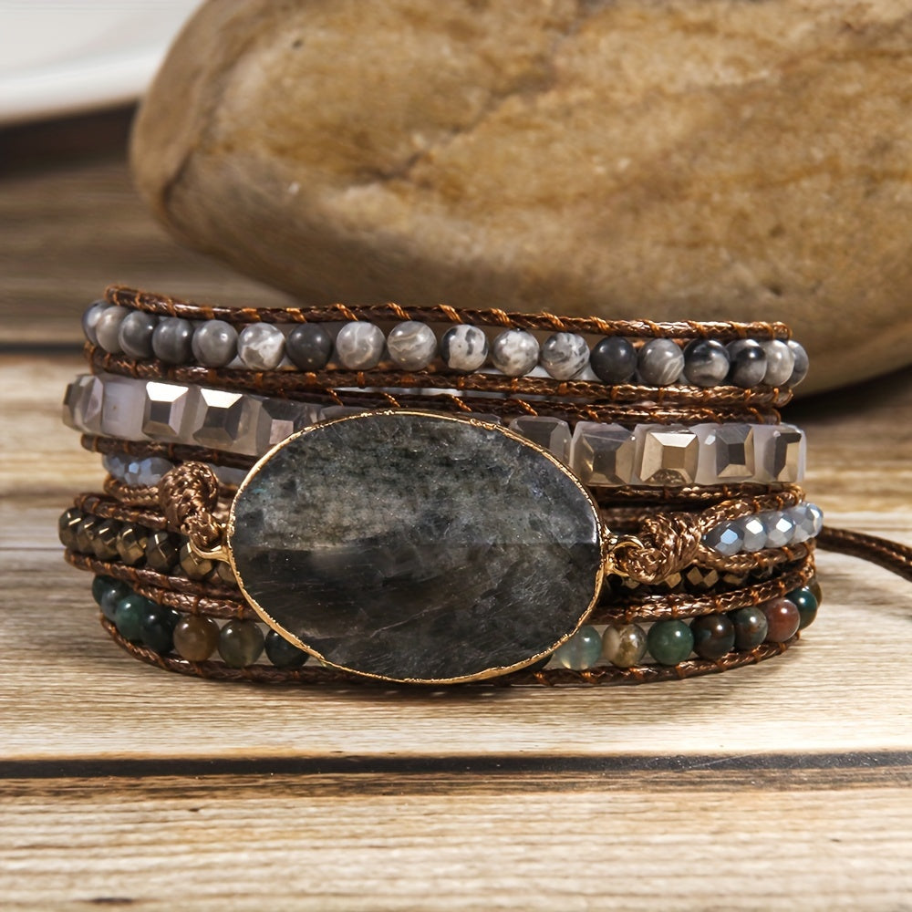 Pulsera ajustable bohemia de vacaciones con cuentas de piedra natural, hematita de vidrio, 5 hilos, corazón naranja, conexión gris